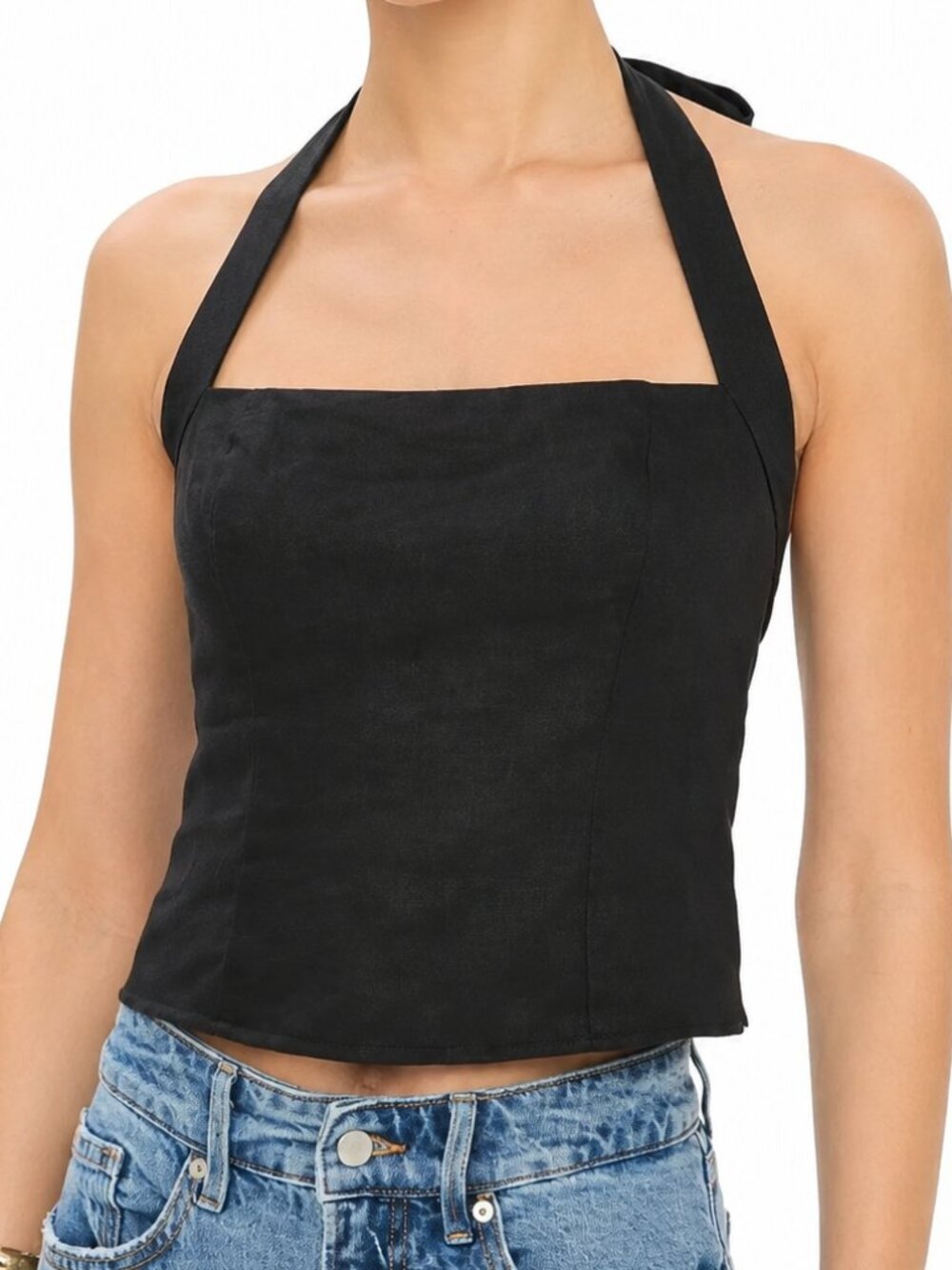 Reformation Malika Linen Top Black Halter Top Bow Tie Minimalist Chic 0